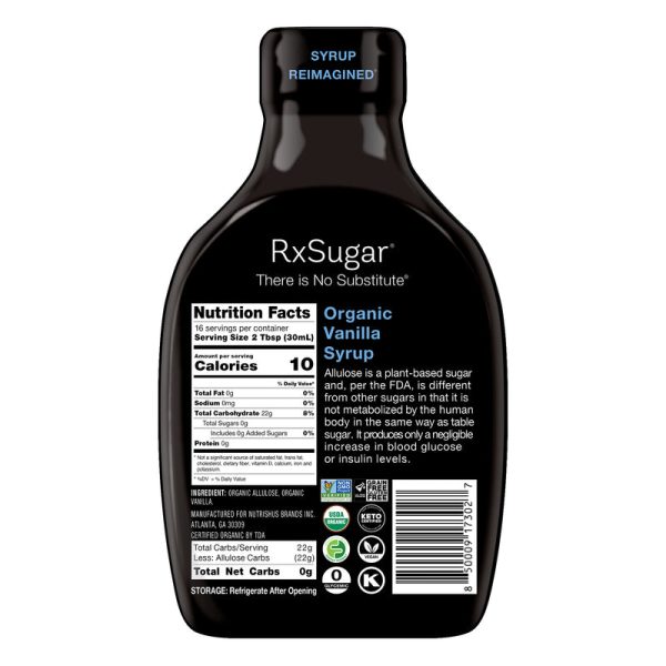 RxSugar Plant Based Organic Vanilla Syrup, 16 oz. Nutritional Information