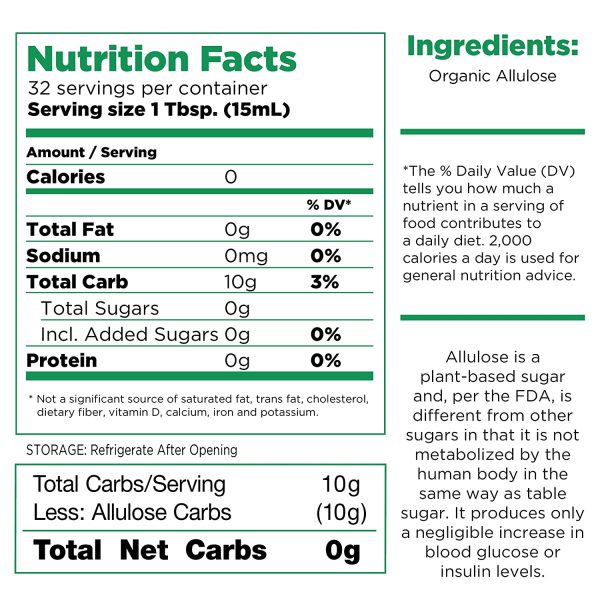 RxSugar Organic Liquid Sugar, 16 oz., Nutritional Information